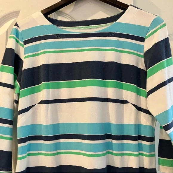MAHI GOLD Womens Large Blue Green White Striped 3/4 Sleeve Stretch Cotton Dress - Picture 2 of 10